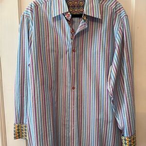 Robert Graham Multicolor Vertical Stripe Dress Shirt with Contrast Cuffs